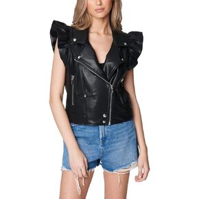 [BLANKNYC] womens Vegan Leather Moto Vest With Ruffle Sleeve, Stylish Coat & Designer JacketVest