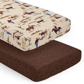 Sweet Jojo Designs Tan Brown Western Cowboy Boy Baby Fitted Crib Sheet Set Infant Newborn Nursery Toddler Bed Room Standard Mattress 2p Wild West Horseshoe Country Horse Steer Cow Animal Tan Red Blue