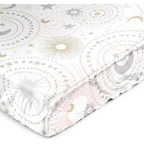Sweet Jojo Designs Blush Pink Gold Star and Moon Girl Baby Satin Fitted Crib Sheet for Infant Newborn Nursery Toddler Bed Room Standard Mattress - Grey Celestial Sky Stars Gray Shabby Chic