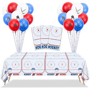 Hockey Party Decorations - 3 Pcs Ice Hockey Tablecloths, 18 Pcs Hockey Balloons Disposable Plastic Ice Hockey Rink Table Cover for Sports Event Game Day Hockey Birthday Party Supplies