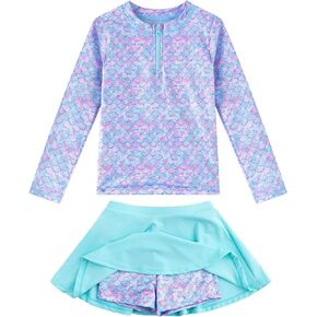 Girls Rash Guard Set Two Pieces Printed Zipper Swimsuit Skirt with Shorts 3-12T