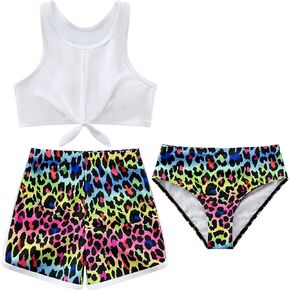 Girls Swimsuits 3 Piece Bikini Set Cute Girl's Bathing Suit Quick Dry Tankini Set with Cover Up Shorts Size for 5-12 Years