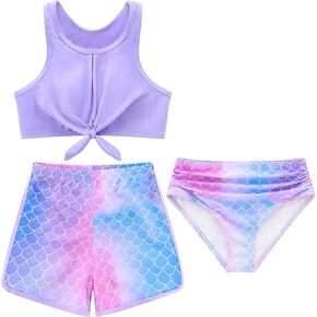 Girls Swimsuits 3 Piece Bikini Set Cute Girl's Bathing Suit Quick Dry Tankini Set with Cover Up Shorts Size for 5-12 Years