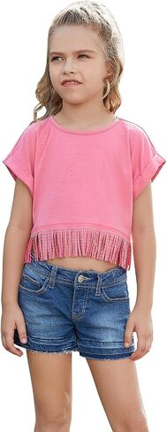Perfashion Girl's Fringe Hem Short Sleeve Crop Tops Round Neck T Shirt Solid Tee for 4-13 Years in Saudi Arabia