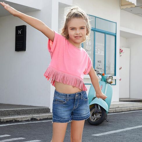 Perfashion Girl's Fringe Hem Short Sleeve Crop Tops Round Neck T Shirt Solid Tee for 4-13 Years in Saudi Arabia