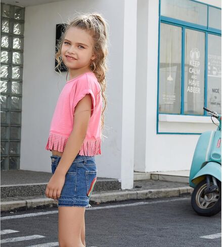 Perfashion Girl's Fringe Hem Short Sleeve Crop Tops Round Neck T Shirt Solid Tee for 4-13 Years in Saudi Arabia