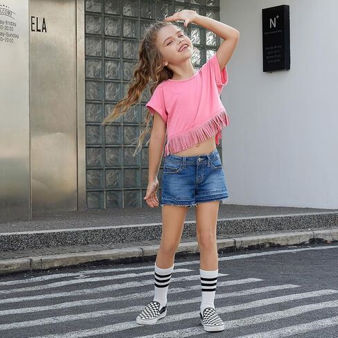 Perfashion Girl's Fringe Hem Short Sleeve Crop Tops Round Neck T Shirt Solid Tee for 4-13 Years in Saudi Arabia