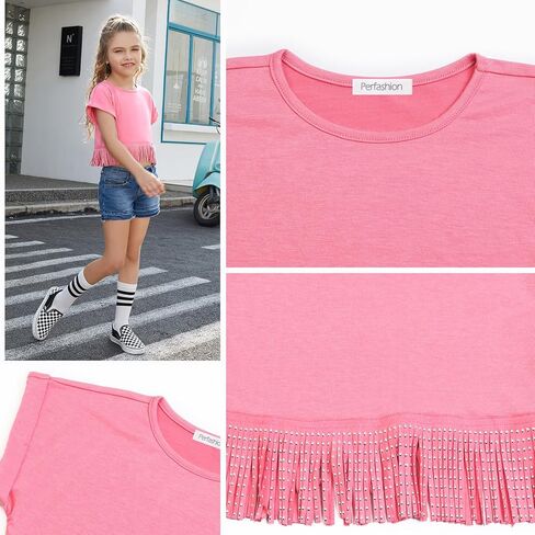 Perfashion Girl's Fringe Hem Short Sleeve Crop Tops Round Neck T Shirt Solid Tee for 4-13 Years in Saudi Arabia