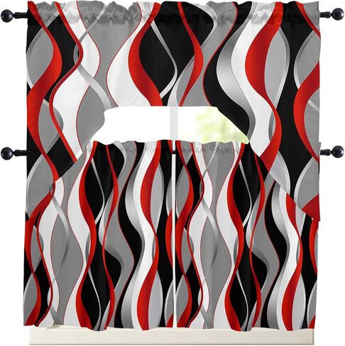 Geometric Red Black Swag Kitchen Curtain Sets with Valance,3 Pieces Rod Pocket Curtain Drapes for Bedroom Living Room Bathroom Cafe Windows,Abstract Modern Grey Stripes 56''x36'' & 24''x27.5''x2Panels in Saudi Arabia