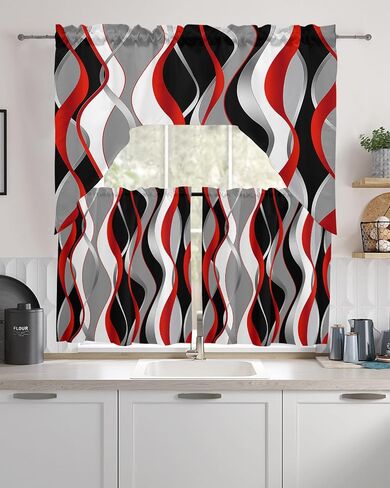 Geometric Red Black Swag Kitchen Curtain Sets with Valance,3 Pieces Rod Pocket Curtain Drapes for Bedroom Living Room Bathroom Cafe Windows,Abstract Modern Grey Stripes 56''x36'' & 24''x27.5''x2Panels in Saudi Arabia