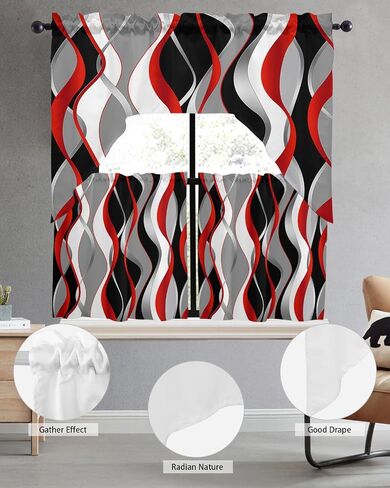 Geometric Red Black Swag Kitchen Curtain Sets with Valance,3 Pieces Rod Pocket Curtain Drapes for Bedroom Living Room Bathroom Cafe Windows,Abstract Modern Grey Stripes 56''x36'' & 24''x27.5''x2Panels in Saudi Arabia