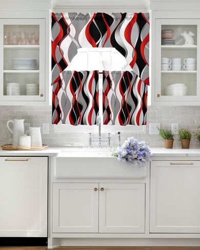 Geometric Red Black Swag Kitchen Curtain Sets with Valance,3 Pieces Rod Pocket Curtain Drapes for Bedroom Living Room Bathroom Cafe Windows,Abstract Modern Grey Stripes 56''x36'' & 24''x27.5''x2Panels in Saudi Arabia