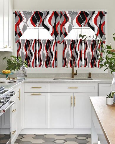 Geometric Red Black Swag Kitchen Curtain Sets with Valance,3 Pieces Rod Pocket Curtain Drapes for Bedroom Living Room Bathroom Cafe Windows,Abstract Modern Grey Stripes 56''x36'' & 24''x27.5''x2Panels in Saudi Arabia