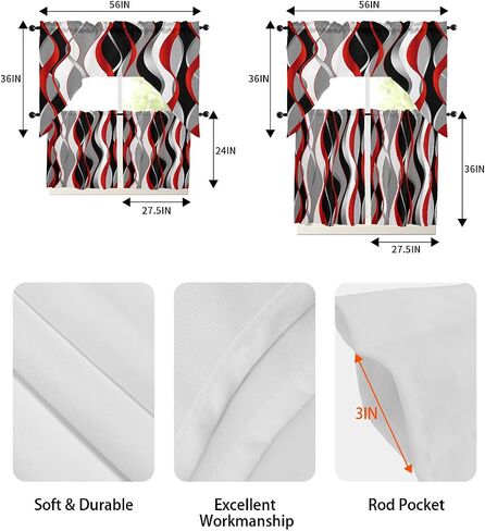 Geometric Red Black Swag Kitchen Curtain Sets with Valance,3 Pieces Rod Pocket Curtain Drapes for Bedroom Living Room Bathroom Cafe Windows,Abstract Modern Grey Stripes 56''x36'' & 24''x27.5''x2Panels in Saudi Arabia