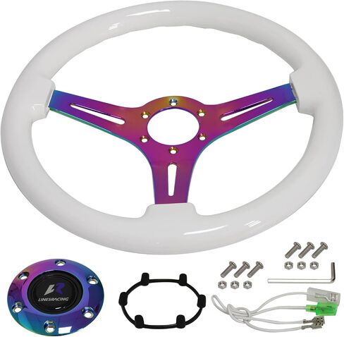 14" 350mm Wood Steering Wheel 6 Bolts 1.75" Dish Chrome Spoke W/Horn Universal (white) in Saudi Arabia