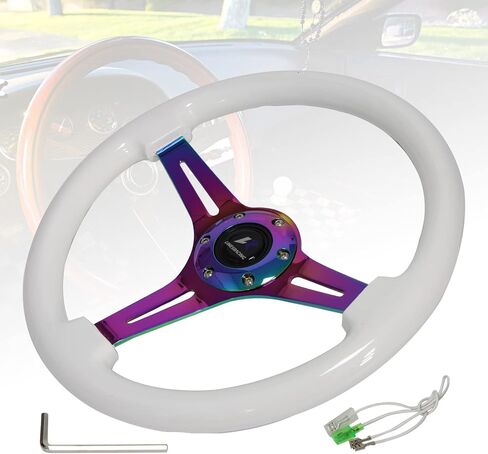 14" 350mm Wood Steering Wheel 6 Bolts 1.75" Dish Chrome Spoke W/Horn Universal (white) in Saudi Arabia
