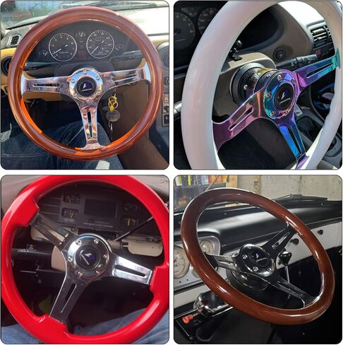 14" 350mm Wood Steering Wheel 6 Bolts 1.75" Dish Chrome Spoke W/Horn Universal (white) in Saudi Arabia