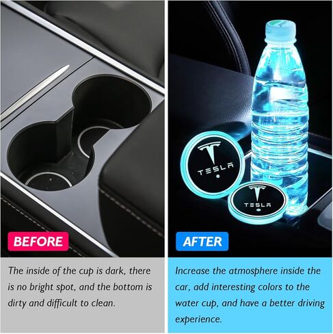 أضواء حامل أكواب السيارة لطراز تيسلا Y 3 X S، حامل أكواب متغير 7 ألوان، وسادات سجادات الأكواب، ملحقات السيارة بإضاءة LED للشحن عبر USB (قطعتان) in Kuwait
