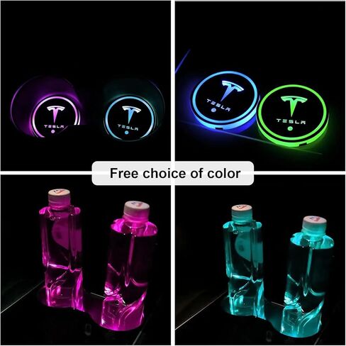 أضواء حامل أكواب السيارة لطراز تيسلا Y 3 X S، حامل أكواب متغير 7 ألوان، وسادات سجادات الأكواب، ملحقات السيارة بإضاءة LED للشحن عبر USB (قطعتان) in Kuwait