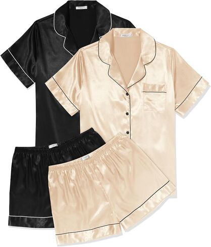 Ekouaer 2 Pack Womens Pajama Sets Silk Satin Short Sleeve Button Down Sleepwear Top and Shorts Pjs Lounge Set S-XXL in Saudi Arabia