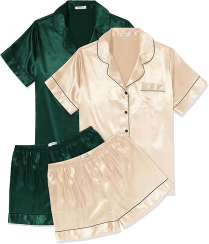 Ekouaer 2 Pack Womens Pajama Sets Silk Satin Short Sleeve Button Down Sleepwear Top and Shorts Pjs Lounge Set S-XXL in Saudi Arabia