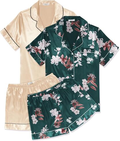 Ekouaer 2 Pack Womens Pajama Sets Silk Satin Short Sleeve Button Down Sleepwear Top and Shorts Pjs Lounge Set S-XXL in Saudi Arabia