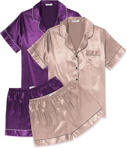 Ekouaer 2 Pack Womens Pajama Sets Silk Satin Short Sleeve Button Down Sleepwear Top and Shorts Pjs Lounge Set S-XXL in Saudi Arabia