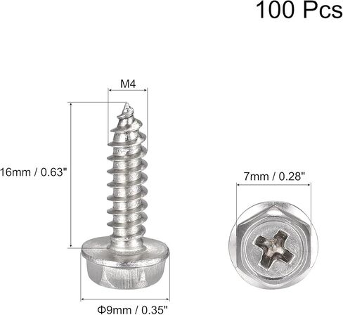 uxcell Phillips Hex Washer Self Tapping Screws, M5 x 16mm 304 Stainless Steel Hex Flange Sheet Metal Screw 100pcs in Kuwait