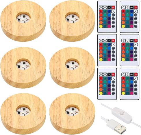 PATIKIL 6 Pcs Wooden Light Stand Base 3.9", 16 Colors LED Lights Display Base 1.5Meter Line Length with Remote Control for Acrylic Night Light 3D Crystal Glass Resin Art, Round in Saudi Arabia