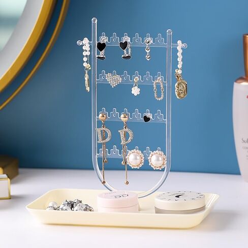 رف المجوهرات، حامل منظم المجوهرات، رف القرط مع 24 فتحة قرط وصينية تخزين سفلية، تخزين المجوهرات للقلادة والأساور والأقراط والخواتم والساعات (بيج) in Kuwait