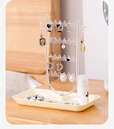 رف المجوهرات، حامل منظم المجوهرات، رف القرط مع 24 فتحة قرط وصينية تخزين سفلية، تخزين المجوهرات للقلادة والأساور والأقراط والخواتم والساعات (بيج) in Kuwait