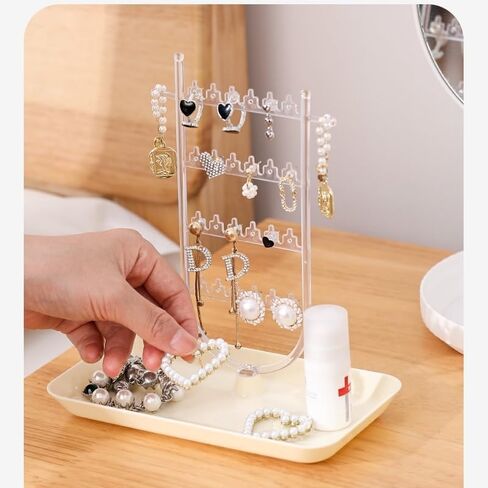 رف المجوهرات، حامل منظم المجوهرات، رف القرط مع 24 فتحة قرط وصينية تخزين سفلية، تخزين المجوهرات للقلادة والأساور والأقراط والخواتم والساعات (بيج) in Kuwait