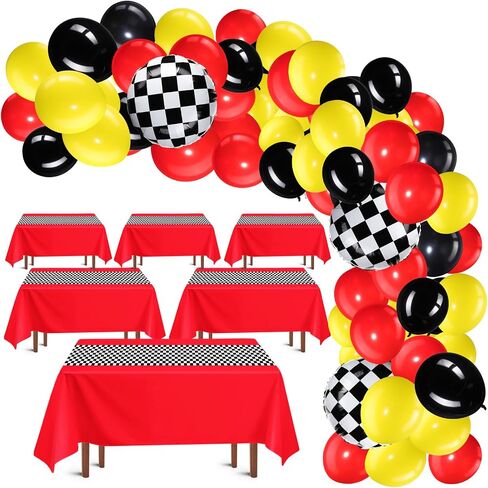 60 Pcs Car Theme Birthday Party Decorations Racing Party Supplies Include 52 Race Balloons Checked Balloons, 6 Red Plastic Racetrack Tablecloth, Balloon Chain, Adhesive Dot for Car Theme Party in Saudi Arabia