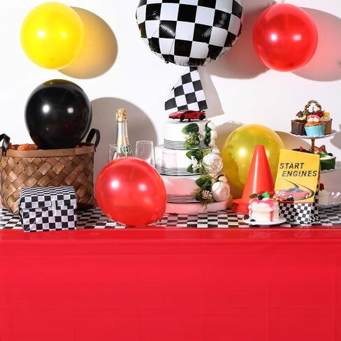 60 Pcs Car Theme Birthday Party Decorations Racing Party Supplies Include 52 Race Balloons Checked Balloons, 6 Red Plastic Racetrack Tablecloth, Balloon Chain, Adhesive Dot for Car Theme Party in Saudi Arabia