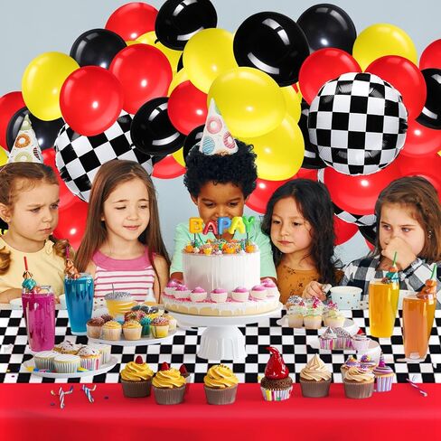 60 Pcs Car Theme Birthday Party Decorations Racing Party Supplies Include 52 Race Balloons Checked Balloons, 6 Red Plastic Racetrack Tablecloth, Balloon Chain, Adhesive Dot for Car Theme Party in Saudi Arabia