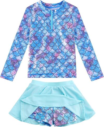 Girls Rash Guard Set Two Pieces Printed Zipper Swimsuit Skirt with Shorts 3-12T in Saudi Arabia