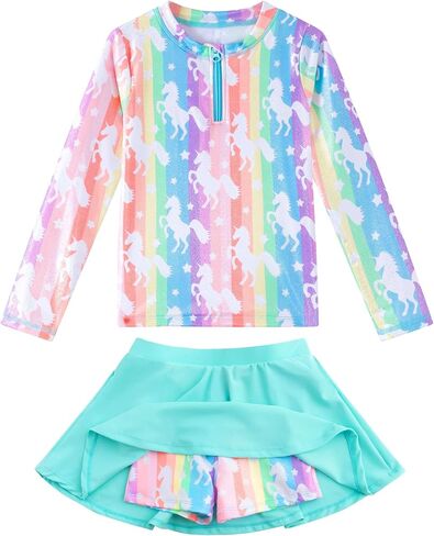 Girls Rash Guard Set Two Pieces Printed Zipper Swimsuit Skirt with Shorts 3-12T in Saudi Arabia