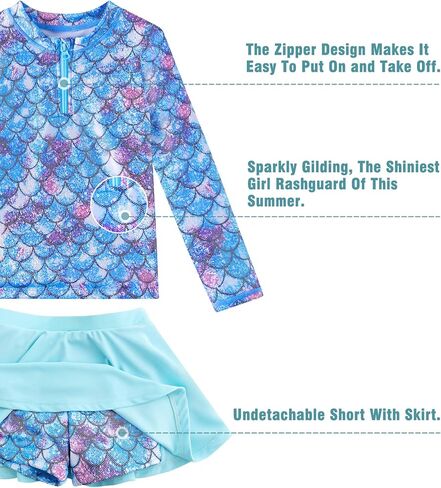 Girls Rash Guard Set Two Pieces Printed Zipper Swimsuit Skirt with Shorts 3-12T in Saudi Arabia
