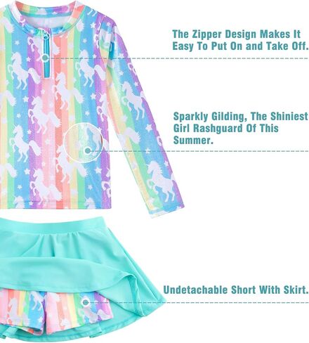 Girls Rash Guard Set Two Pieces Printed Zipper Swimsuit Skirt with Shorts 3-12T in Saudi Arabia