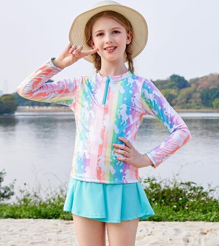 Girls Rash Guard Set Two Pieces Printed Zipper Swimsuit Skirt with Shorts 3-12T in Saudi Arabia