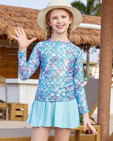 Girls Rash Guard Set Two Pieces Printed Zipper Swimsuit Skirt with Shorts 3-12T in Saudi Arabia