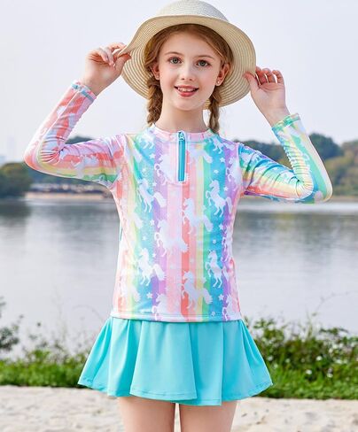 Girls Rash Guard Set Two Pieces Printed Zipper Swimsuit Skirt with Shorts 3-12T in Saudi Arabia