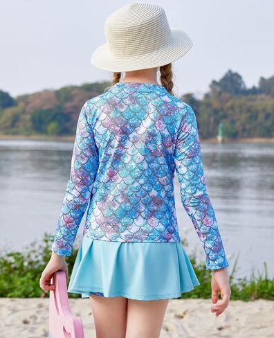 Girls Rash Guard Set Two Pieces Printed Zipper Swimsuit Skirt with Shorts 3-12T in Saudi Arabia