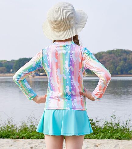 Girls Rash Guard Set Two Pieces Printed Zipper Swimsuit Skirt with Shorts 3-12T in Saudi Arabia