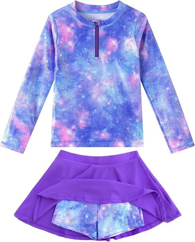 Girls Rash Guard Set Two Pieces Printed Zipper Swimsuit Skirt with Shorts 3-12T in Saudi Arabia