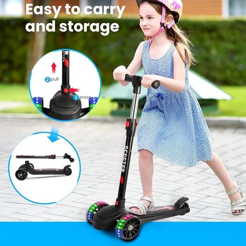 Kids Kick Scooter, Scooter for Kids Ages 3-12, 3 Wheel Scooter with Adjustable Height Handlebars, Folding Kids Scooter with LED Light Wheels and Anti-Slip Deck, for Boys & Girls up to 110 Lbs in Kuwait