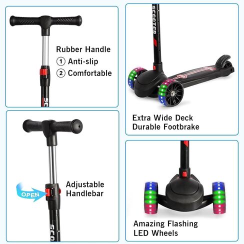 Kids Kick Scooter, Scooter for Kids Ages 3-12, 3 Wheel Scooter with Adjustable Height Handlebars, Folding Kids Scooter with LED Light Wheels and Anti-Slip Deck, for Boys & Girls up to 110 Lbs in Kuwait