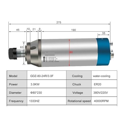 محرك المغزل المبرد بالماء 3KW ER20 220V 380V Z AXIS 1333HZ 40000RPM (3.0KW ER20 380V) in Kuwait