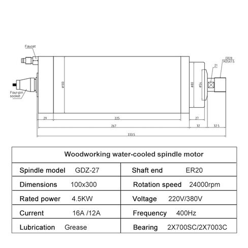 4.5kW ER20 مغزل مبرد بالمياه ، 4 محامل φ100x300mm ، 220 فولت/380 فولت CNC GDZ-27 (2.2 كيلو وات 380V) in Kuwait