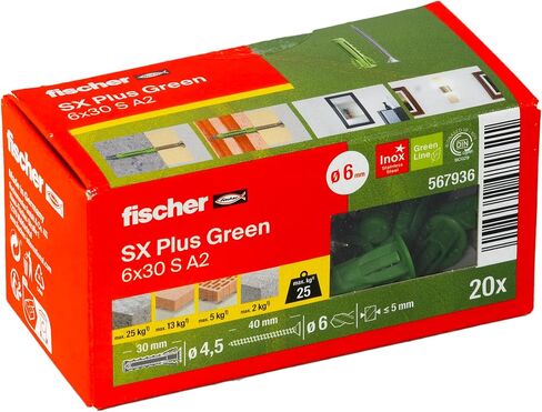 Fischer SX Plus Extension Dowel 6 × 30 S مع A2 من الفولاذ المقاوم للصدأ ، ومواد مستدامة مصنوعة من مواد خام قابلة للتجديد بنسبة 50 ٪ ، والانتشار 4 في اتجاه ، والمتخصص في مواد البناء الصلبة ، 20 in Saudi Arabia